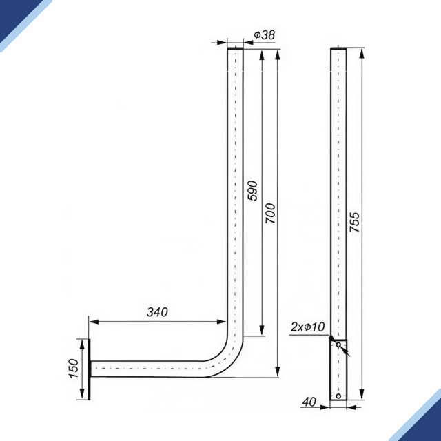 Mounting Bracket Kit: L-Shaped Galvanised Steel Universal Mount Bracket for Cellular Antennas (38mm Dia. / 340mm Out / 700mm Up)